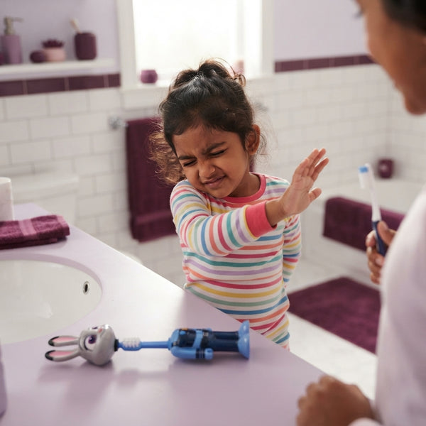 A young South Asian child looking reluctant to brush teeth in a bright bathroom with soft lavender and deep plum accents.