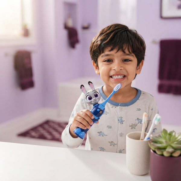 A happy South Asian child holding a colorful cartoon toothbrush in a modern bathroom with lavender and plum decor.